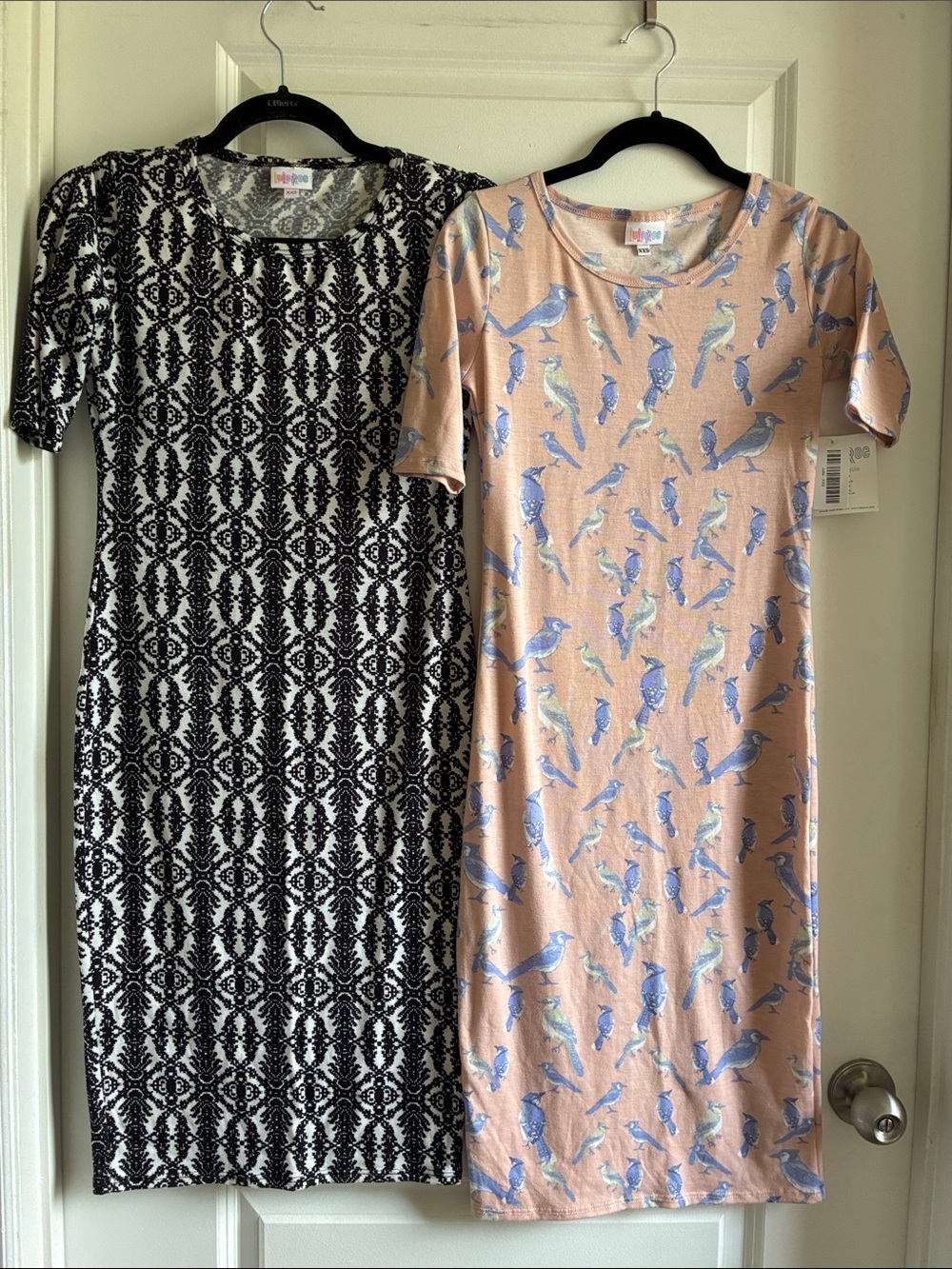 Set of 2 LuLaRoe Julia Dresses: Black Lace Print & Pink w/ Blue Birds 16” ptp